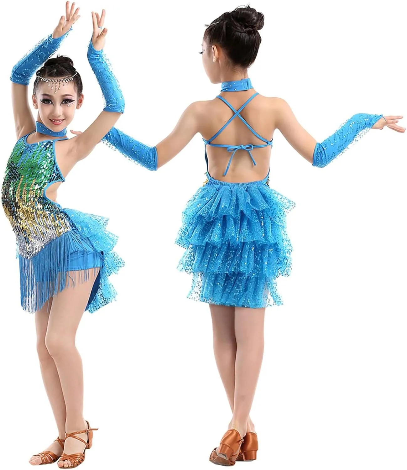 Girls Sequin Tassel Latin Dance Dress Sleeveless Fringe Flapper Dress Tutu Skirt Ballroom Rumba Performance Costume