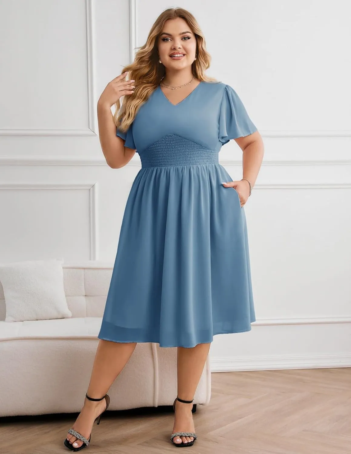Hanna Nikole Womens Plus Size Chiffon Cocktail Dress Smocked Waist Ruffle Sleeve Party Wedding Guest Dress with Pockets