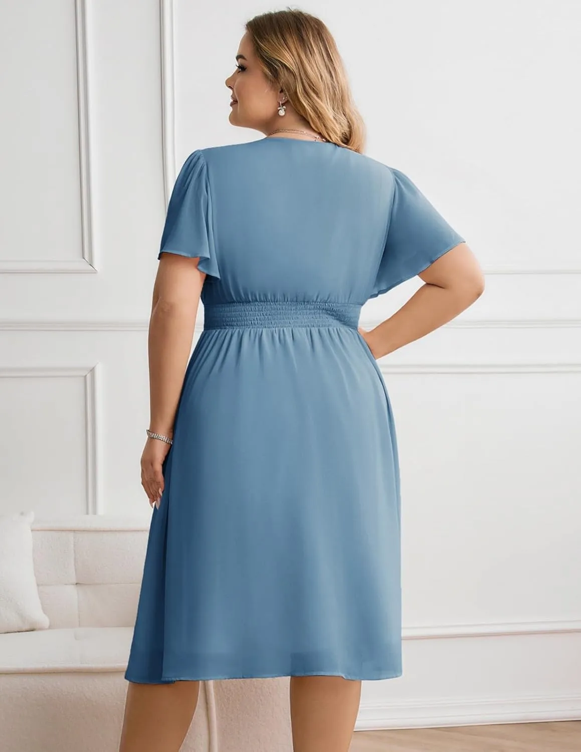 Hanna Nikole Womens Plus Size Chiffon Cocktail Dress Smocked Waist Ruffle Sleeve Party Wedding Guest Dress with Pockets