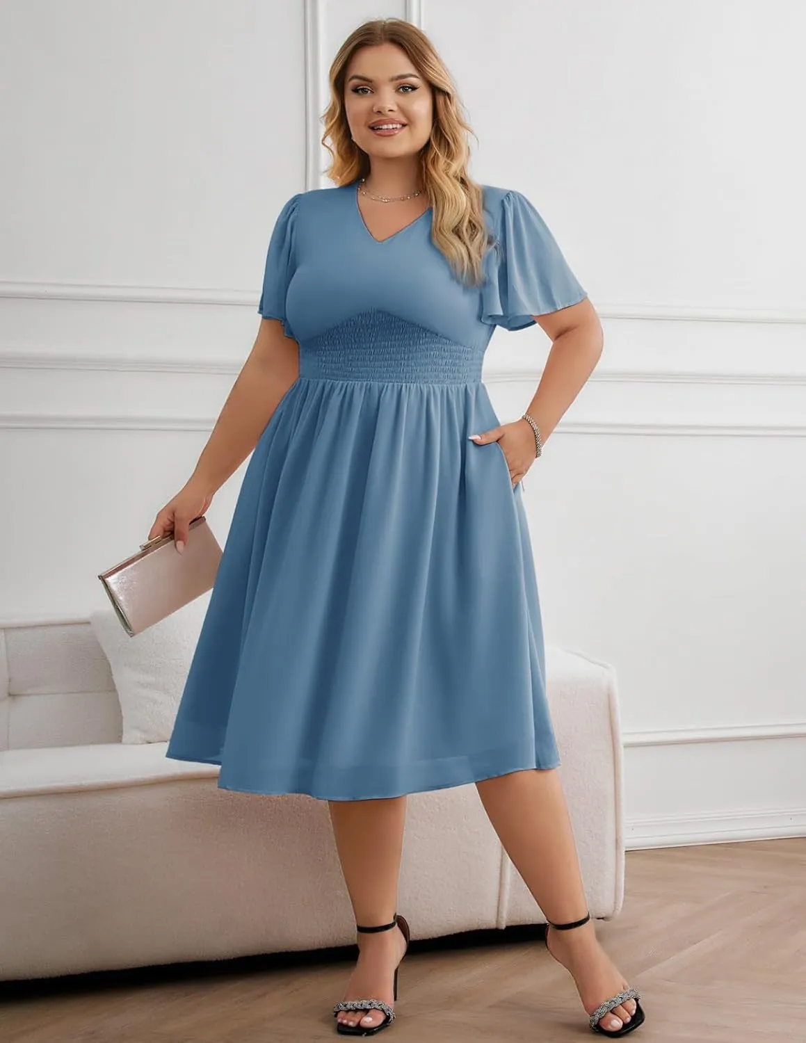 Hanna Nikole Womens Plus Size Chiffon Cocktail Dress Smocked Waist Ruffle Sleeve Party Wedding Guest Dress with Pockets