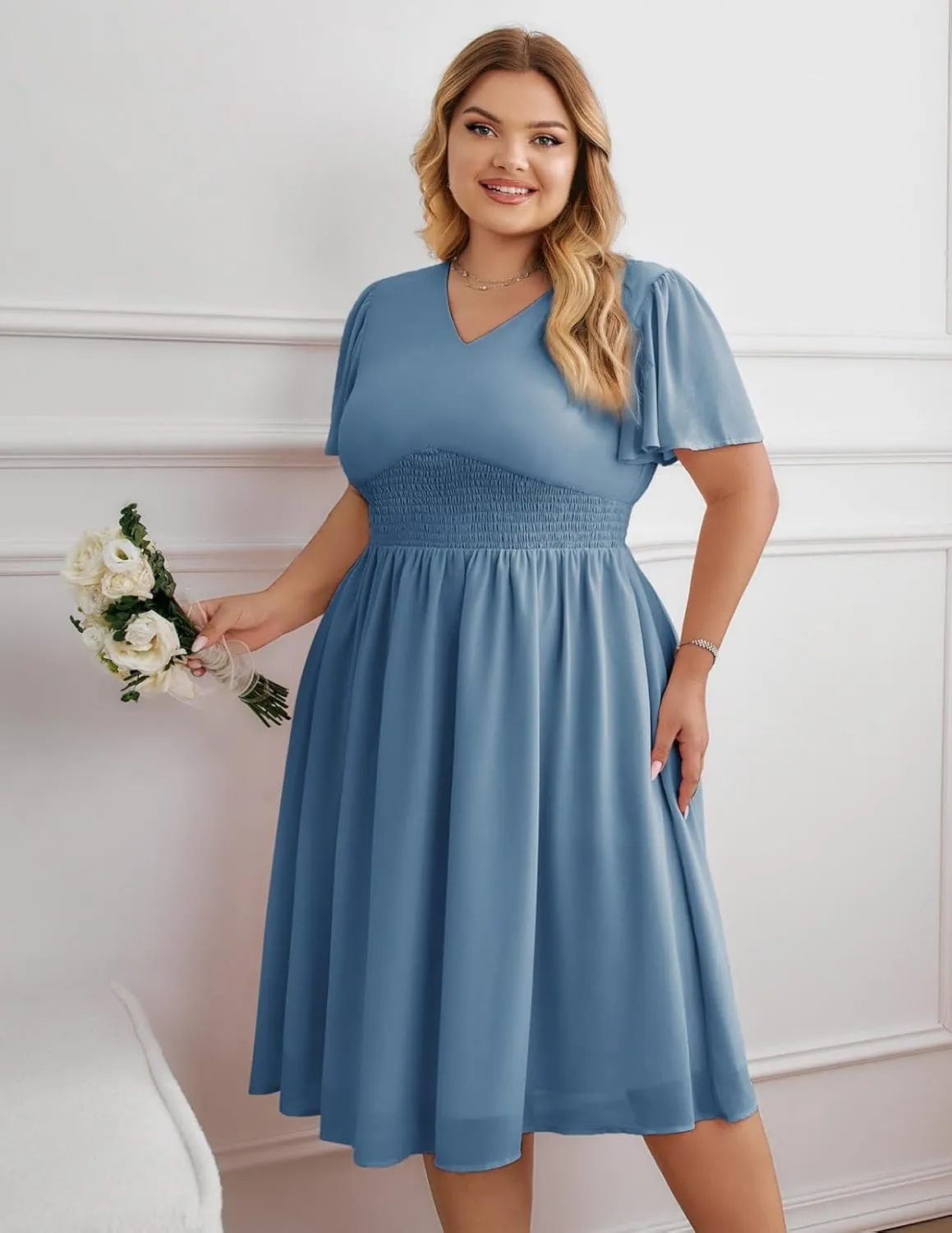 Hanna Nikole Womens Plus Size Chiffon Cocktail Dress Smocked Waist Ruffle Sleeve Party Wedding Guest Dress with Pockets