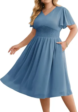 Hanna Nikole Womens Plus Size Chiffon Cocktail Dress Smocked Waist Ruffle Sleeve Party Wedding Guest Dress with Pockets