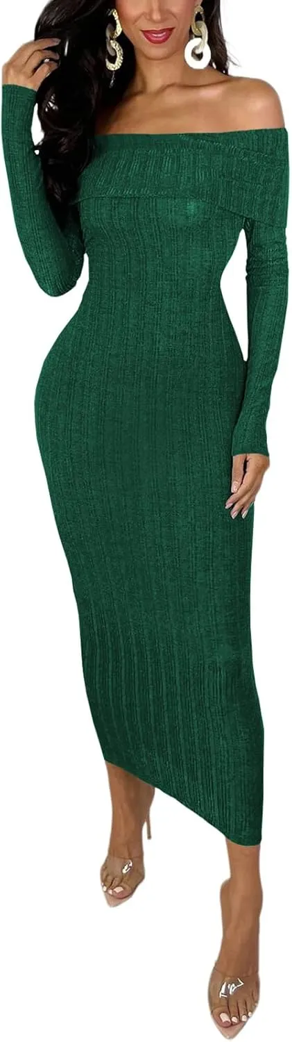 HugeNice Women's Sexy Off Shoulder Midi Dress Long Sleeve Bodycon Ruched Cocktail Party Dresses