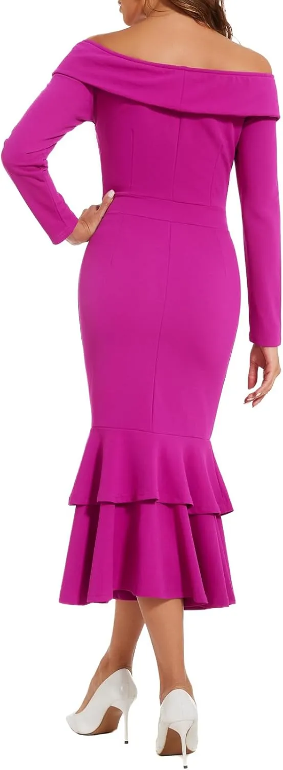 HugeNice Women's Sexy Off Shoulder Midi Dress Long Sleeve Bodycon Ruched Cocktail Party Dresses