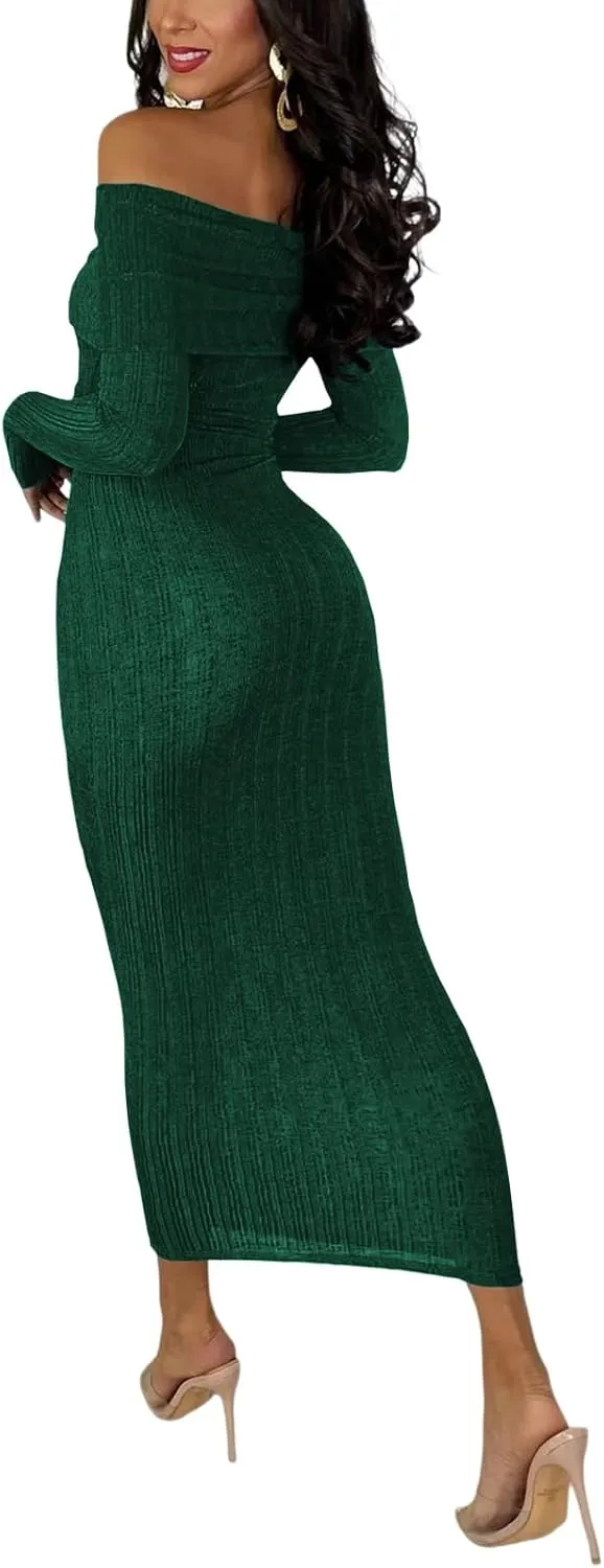 HugeNice Women's Sexy Off Shoulder Midi Dress Long Sleeve Bodycon Ruched Cocktail Party Dresses