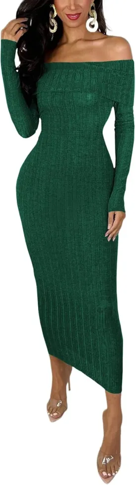 HugeNice Women's Sexy Off Shoulder Midi Dress Long Sleeve Bodycon Ruched Cocktail Party Dresses