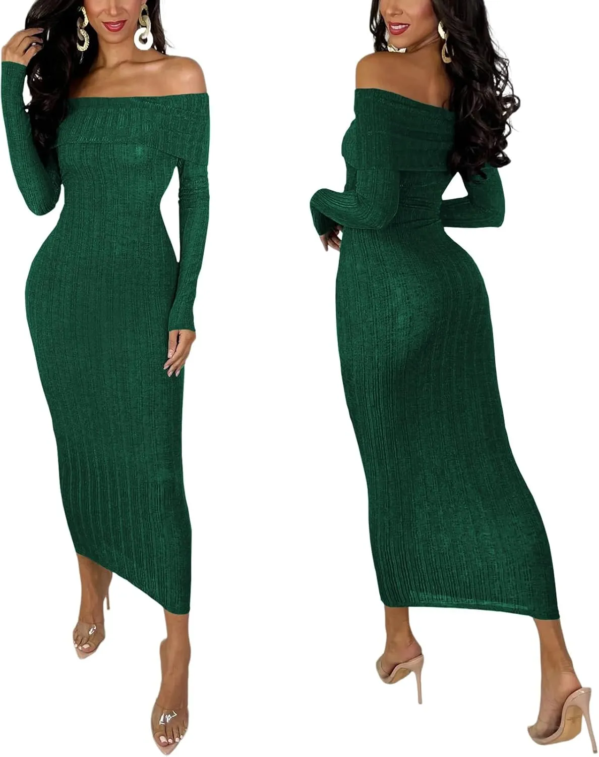 HugeNice Women's Sexy Off Shoulder Midi Dress Long Sleeve Bodycon Ruched Cocktail Party Dresses