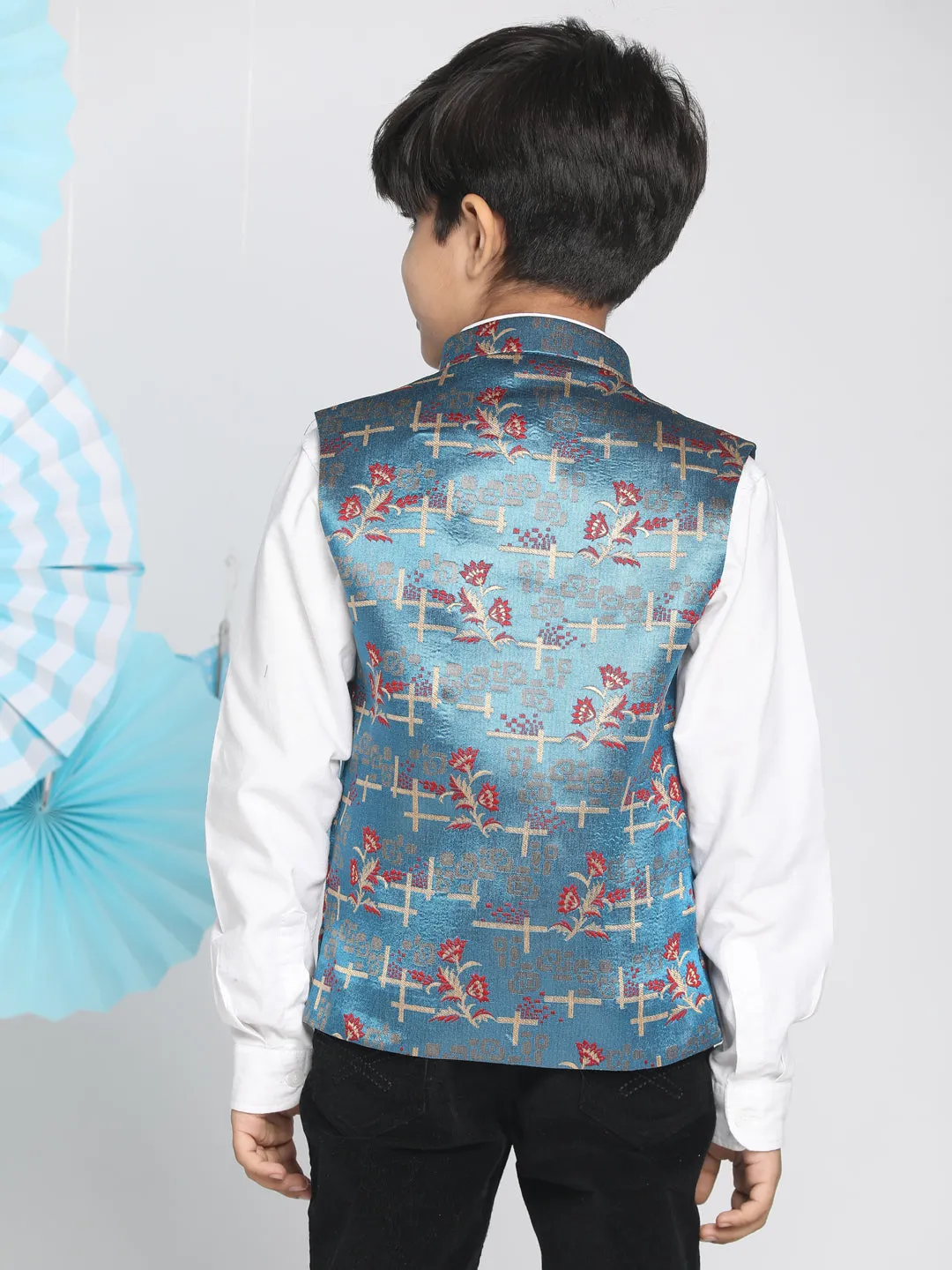 Jashvi Boys' Multicolor-Base-Turquoise Jacquard Nehru Jacket