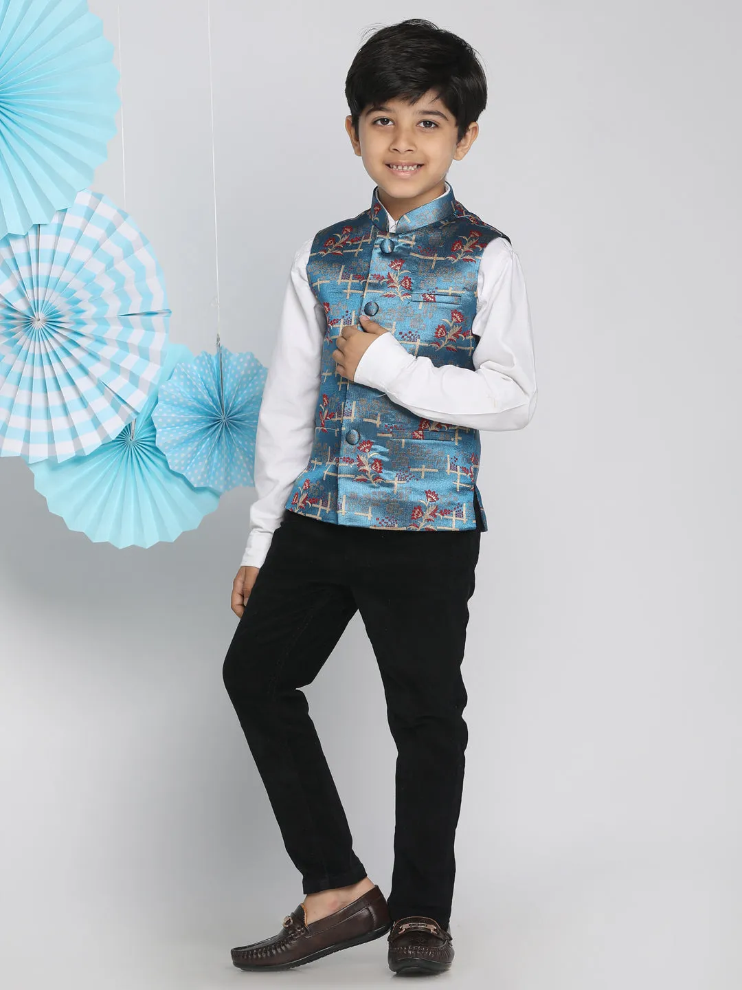 Jashvi Boys' Multicolor-Base-Turquoise Jacquard Nehru Jacket