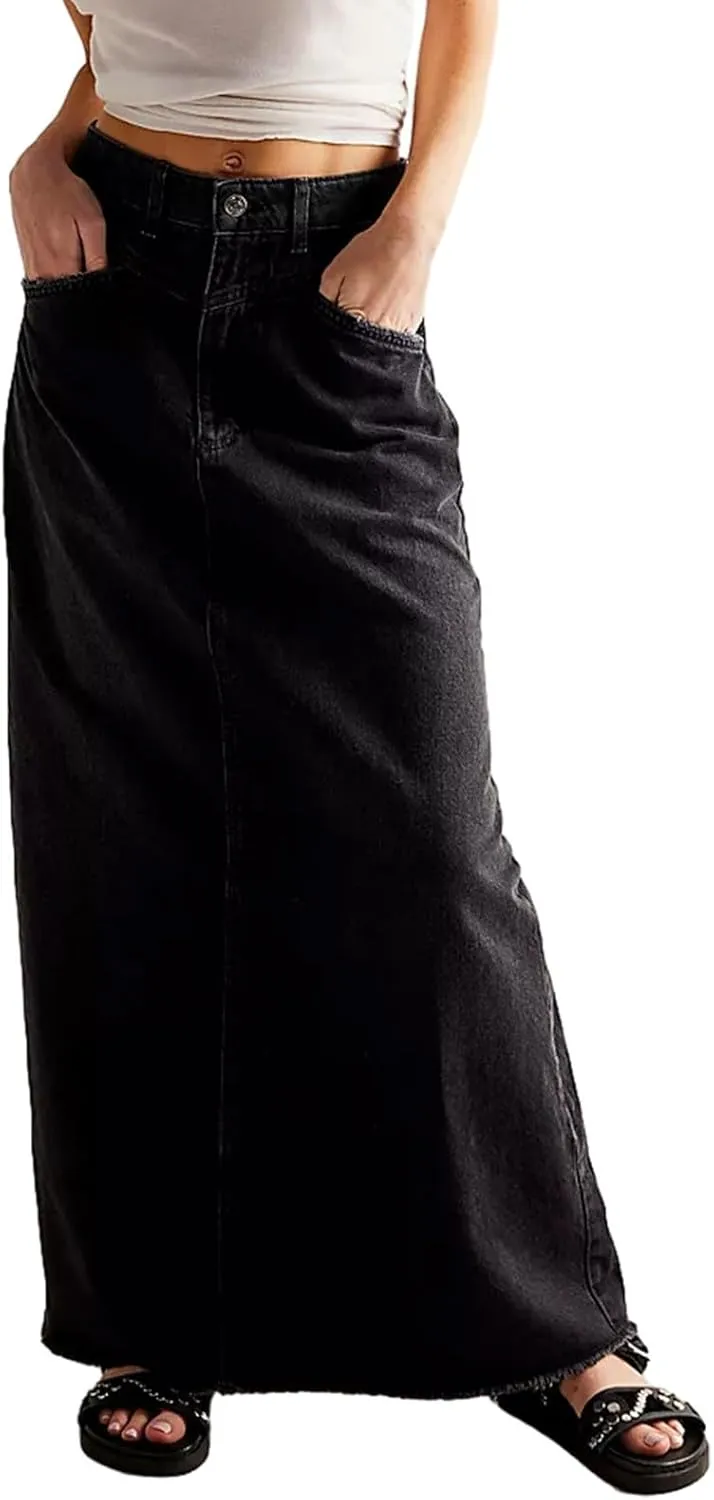 Jean Skirts for Women Denim Casual Y2k High Waisted Skirts Vintage Frayed Raw Hem Long Denim Skirt with Pockets