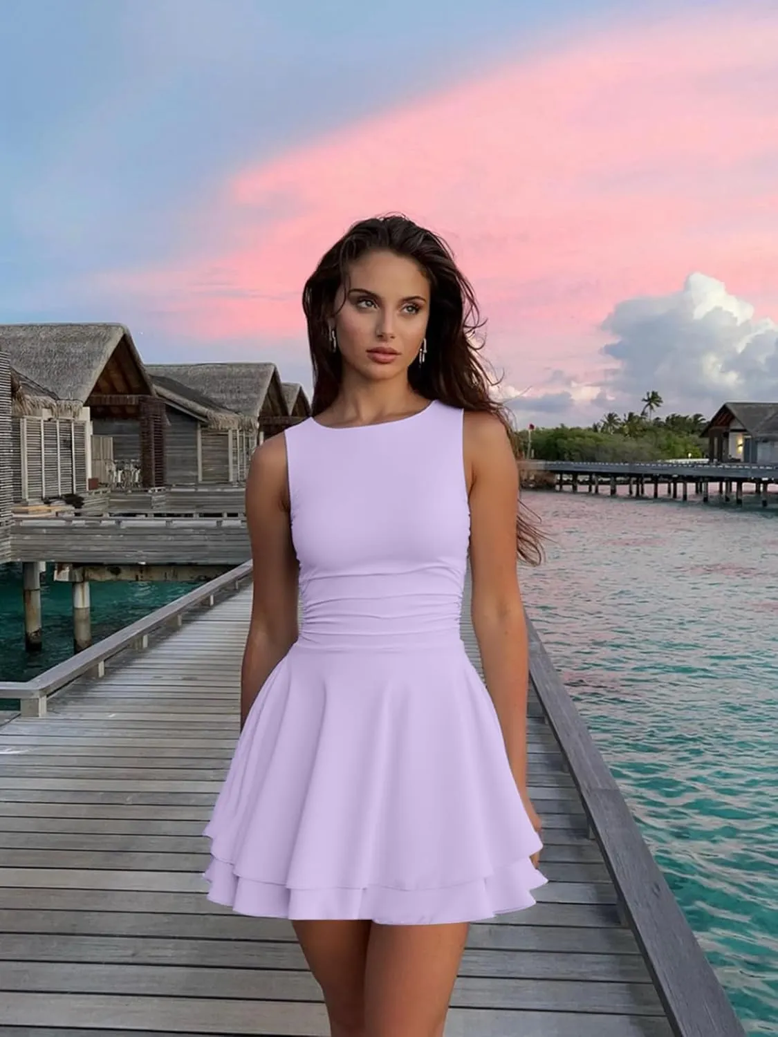 Kaximil Women's Ruffle Hem Boat Neck Mini Dress Sleeveless Ruched Corset Short Party Dresses