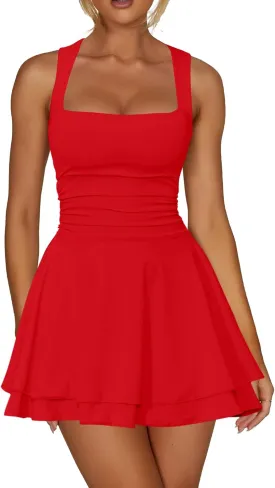 Kaximil Women's Square Neck Ruffle Hem Mini Dress Ruched Waist Short Party Dresses
