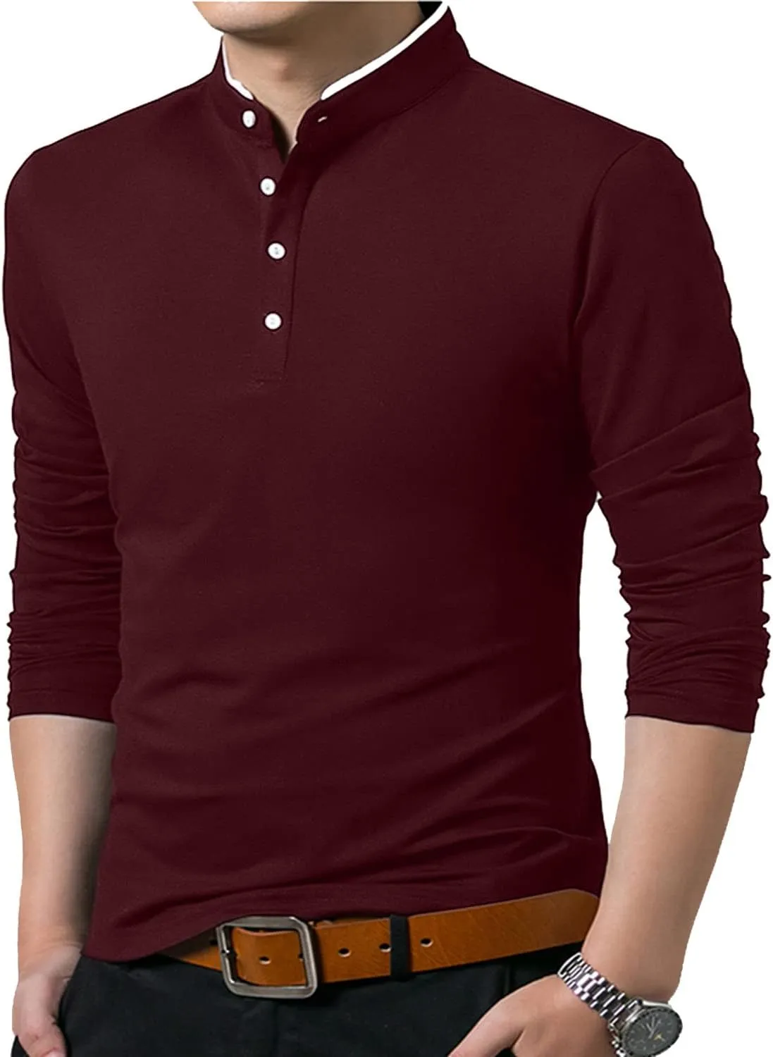 KUYIGO Men Casual Long Sleeve Polo Shirts Mandarin Collared Slim Fit Fashion Cotton Tops