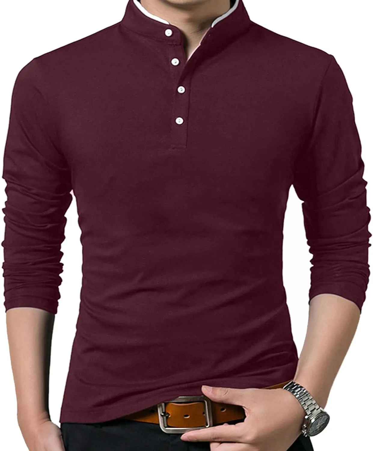 KUYIGO Men Casual Long Sleeve Polo Shirts Mandarin Collared Slim Fit Fashion Cotton Tops