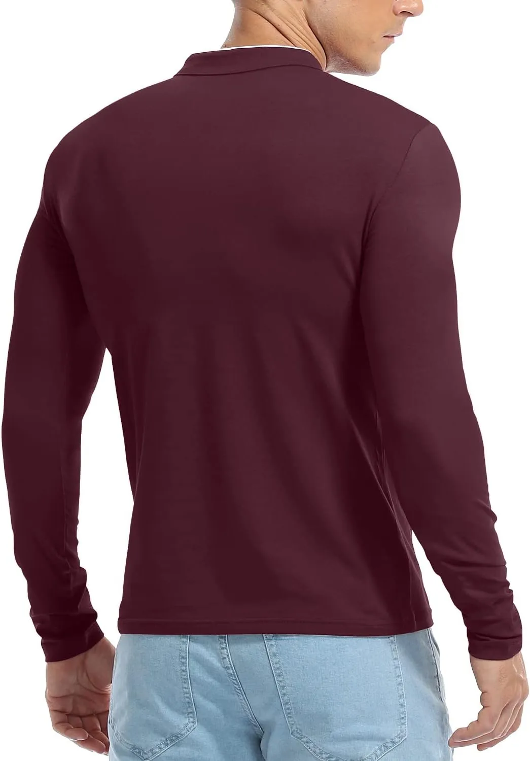 KUYIGO Men Casual Long Sleeve Polo Shirts Mandarin Collared Slim Fit Fashion Cotton Tops