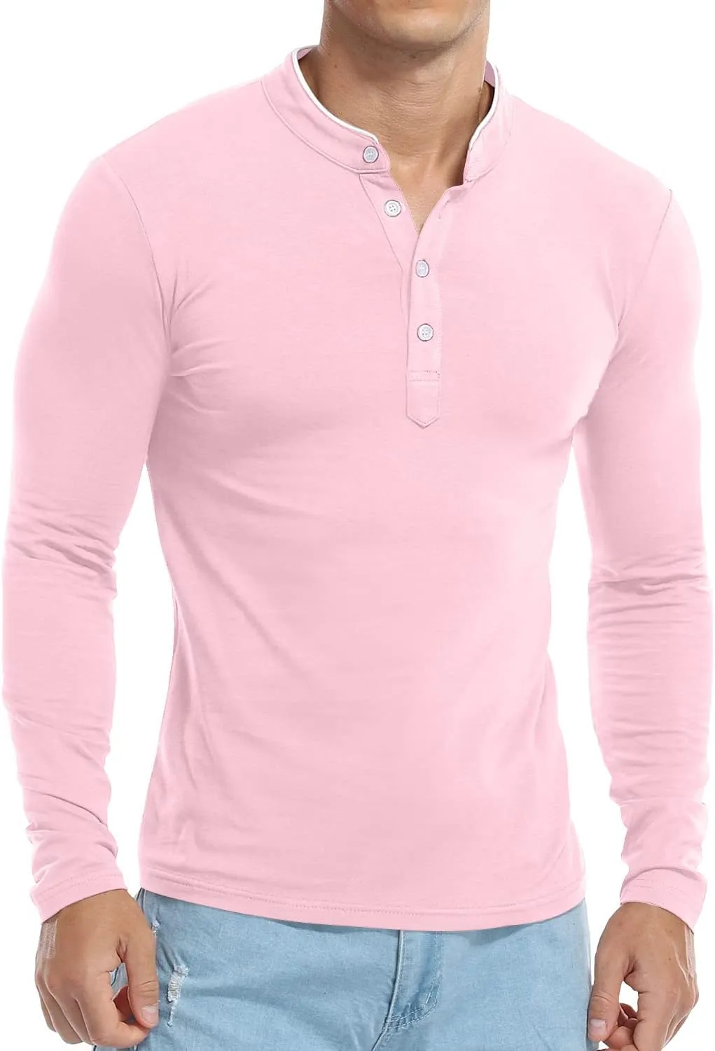 KUYIGO Men Casual Long Sleeve Polo Shirts Mandarin Collared Slim Fit Fashion Cotton Tops