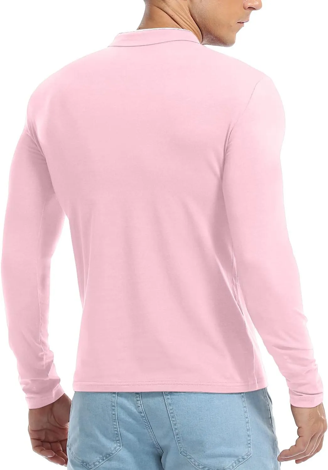 KUYIGO Men Casual Long Sleeve Polo Shirts Mandarin Collared Slim Fit Fashion Cotton Tops