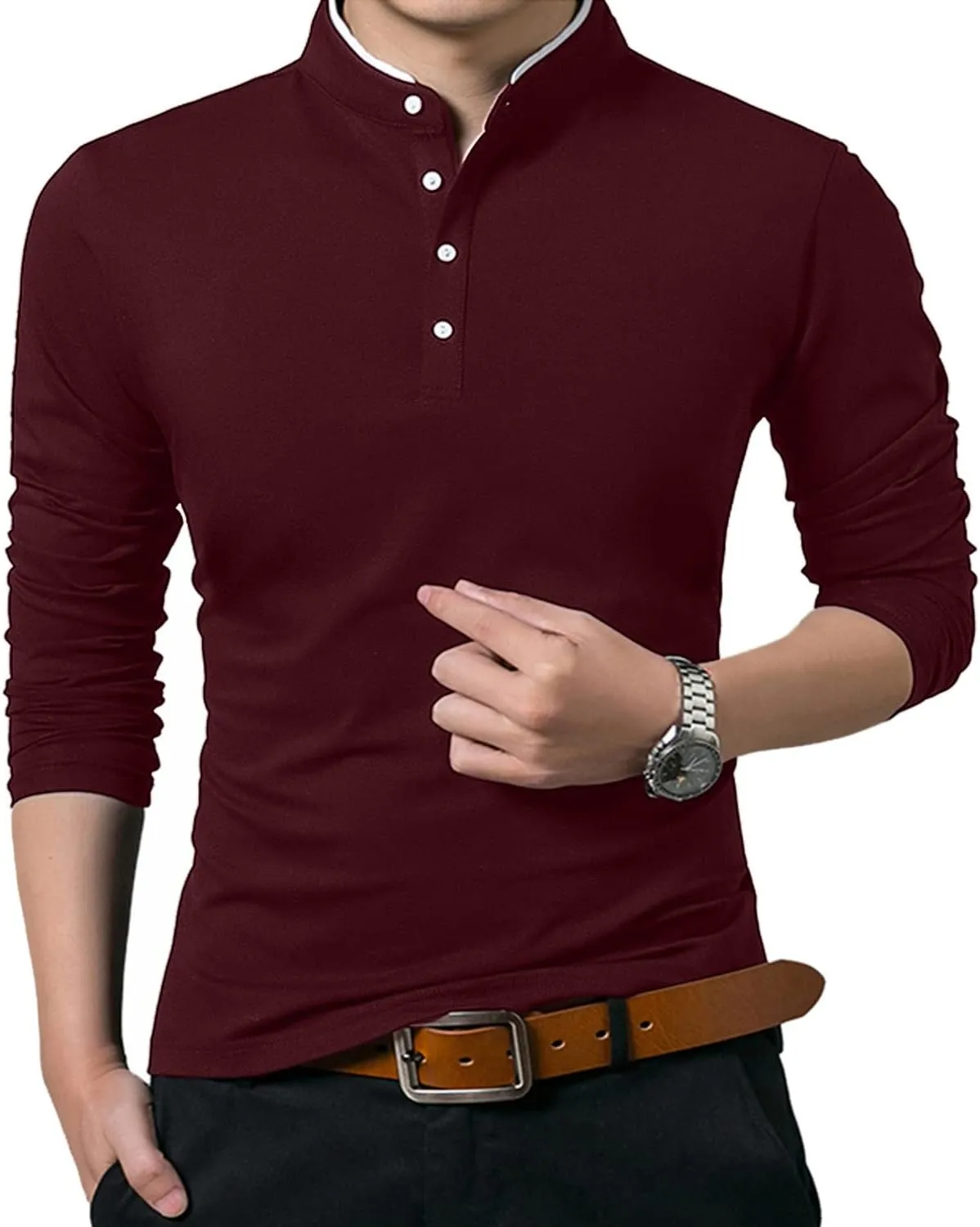KUYIGO Men Casual Long Sleeve Polo Shirts Mandarin Collared Slim Fit Fashion Cotton Tops