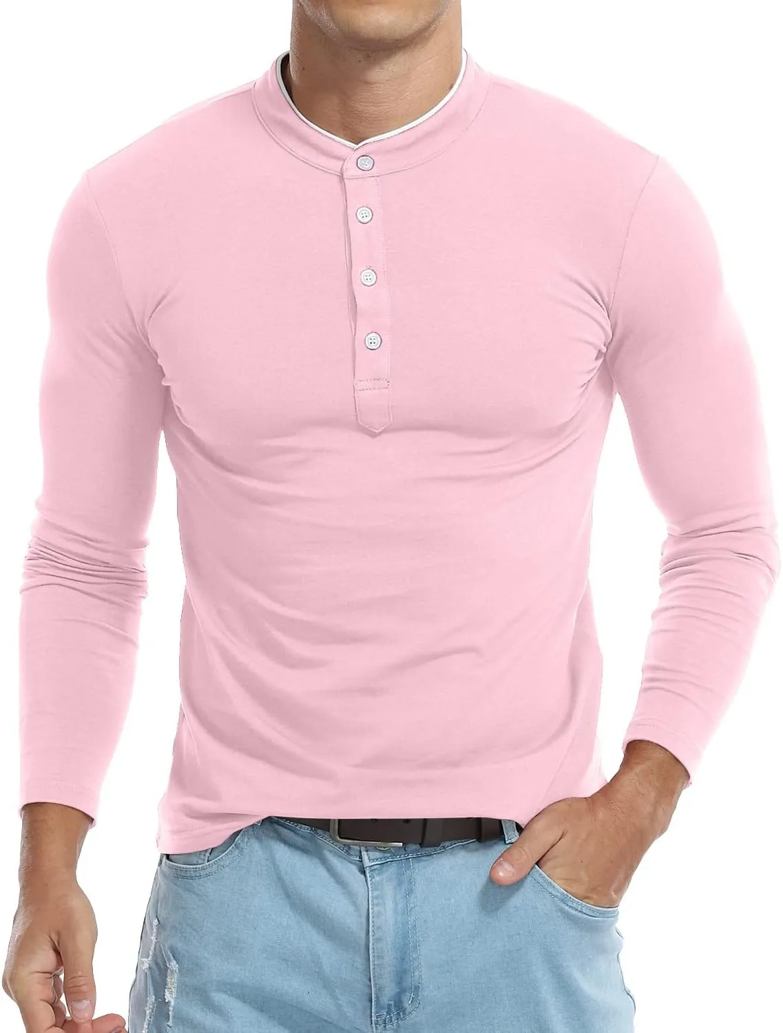 KUYIGO Men Casual Long Sleeve Polo Shirts Mandarin Collared Slim Fit Fashion Cotton Tops