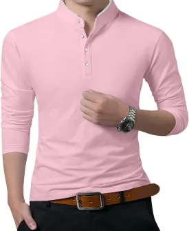 KUYIGO Men Casual Long Sleeve Polo Shirts Mandarin Collared Slim Fit Fashion Cotton Tops