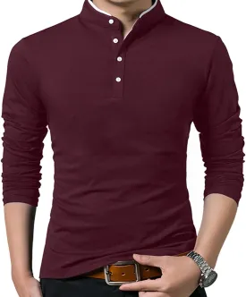 KUYIGO Men Casual Long Sleeve Polo Shirts Mandarin Collared Slim Fit Fashion Cotton Tops