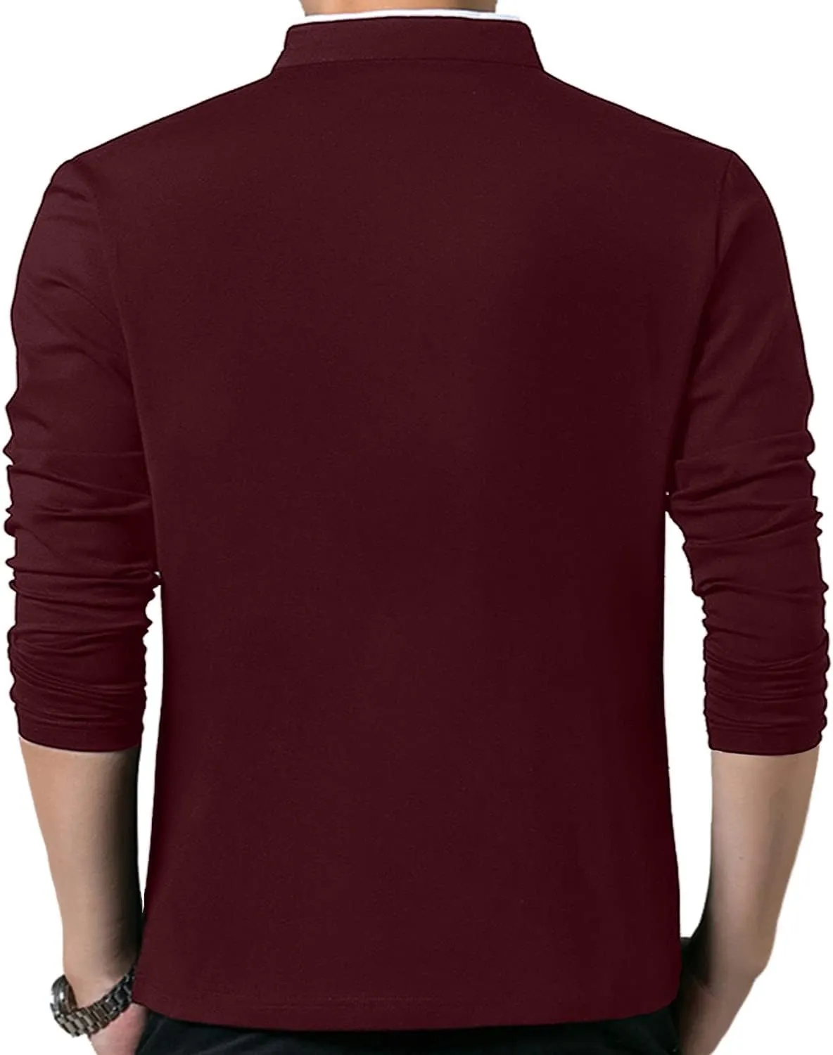 KUYIGO Men Casual Long Sleeve Polo Shirts Mandarin Collared Slim Fit Fashion Cotton Tops