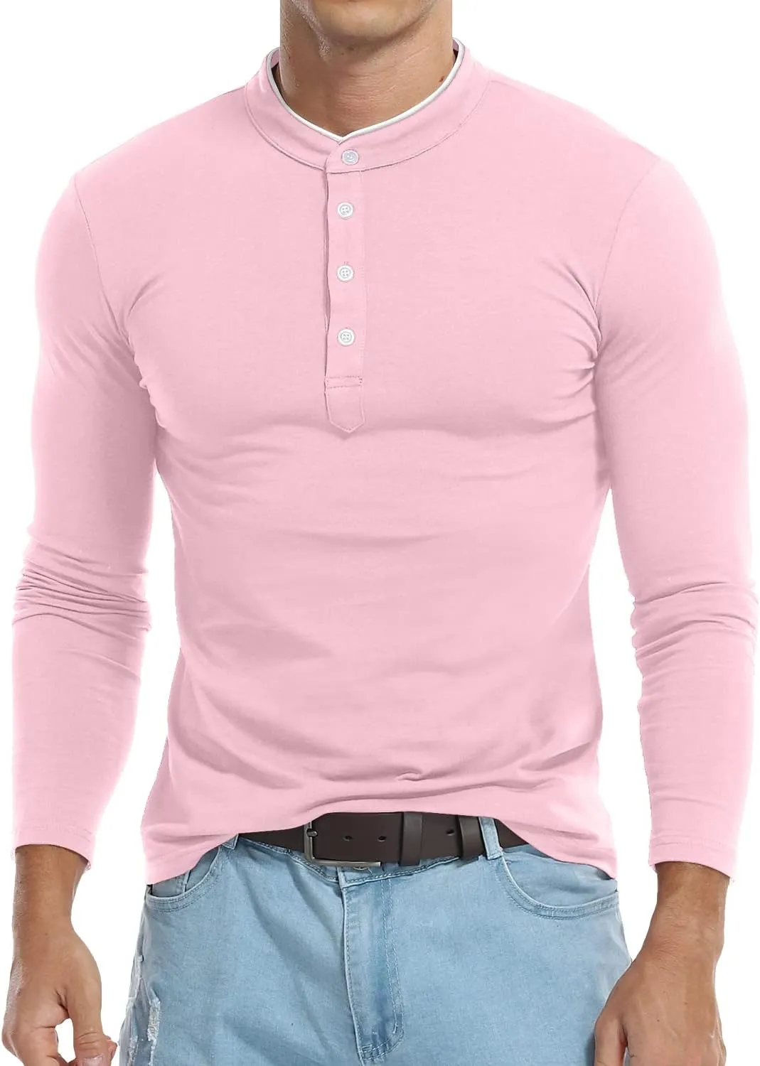 KUYIGO Men Casual Long Sleeve Polo Shirts Mandarin Collared Slim Fit Fashion Cotton Tops