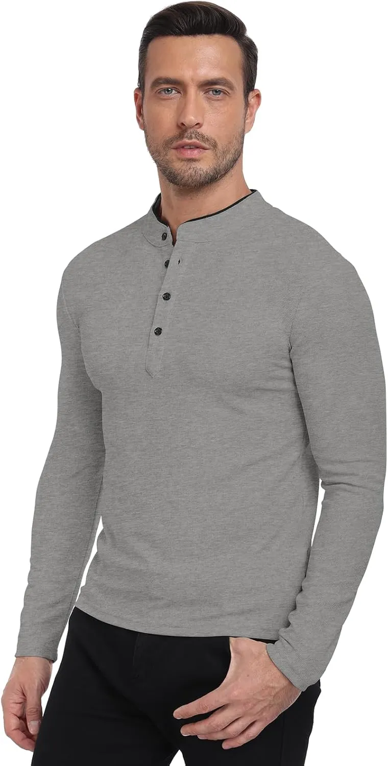 KUYIGO Men's Long Sleeve Waffle Mandarin Polo Shirts Fashion Button Slim Fit Casual Tops T-Shirt