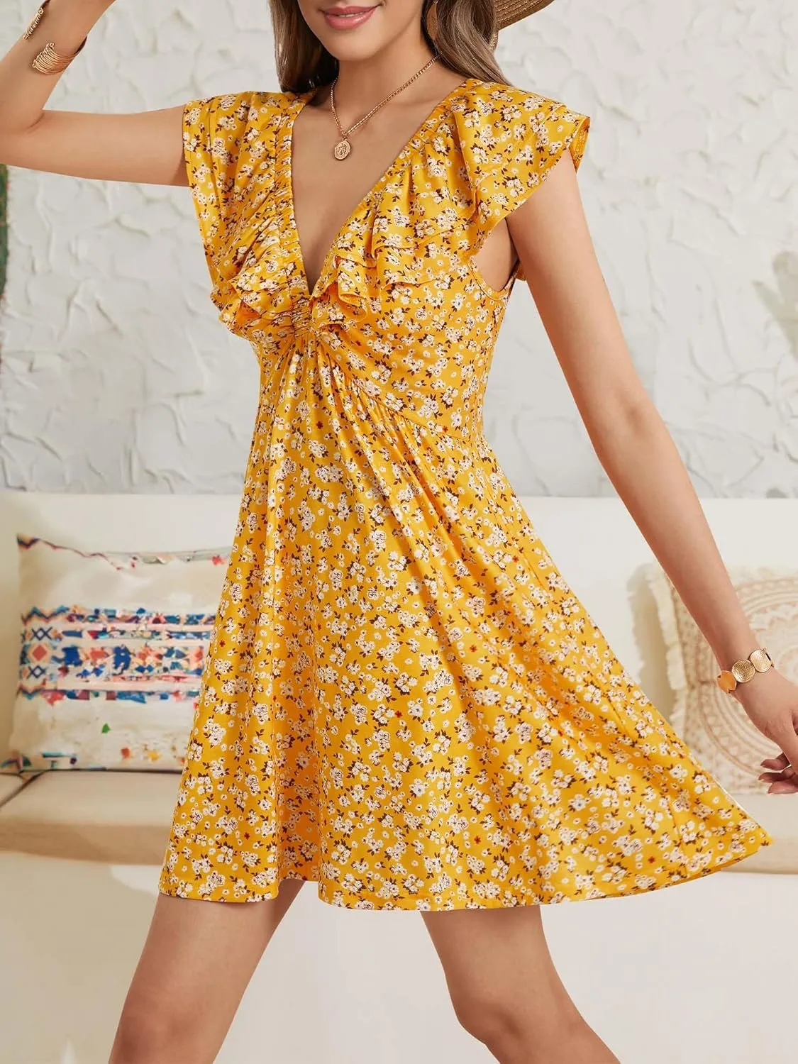 Loemes Women Summer Cute Floral Deep V Neck Mini Dress Casual Ruffle Sleeveless High Waist Swing Beach Sundress with Pockets