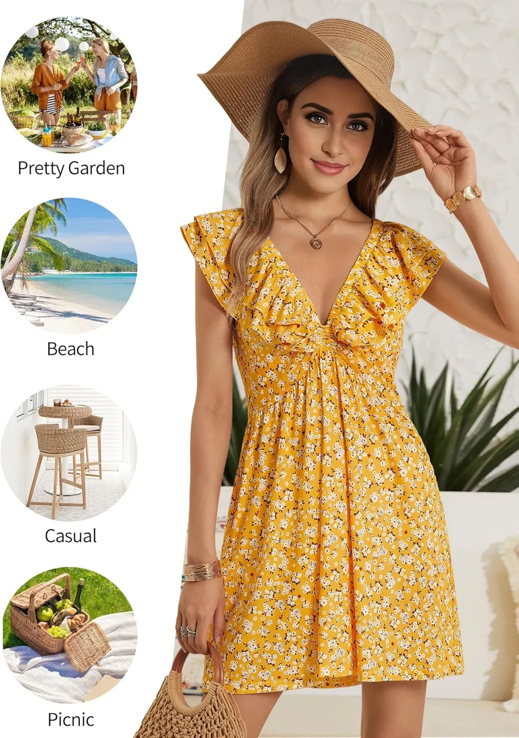 Loemes Women Summer Cute Floral Deep V Neck Mini Dress Casual Ruffle Sleeveless High Waist Swing Beach Sundress with Pockets