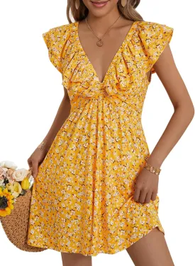 Loemes Women Summer Cute Floral Deep V Neck Mini Dress Casual Ruffle Sleeveless High Waist Swing Beach Sundress with Pockets