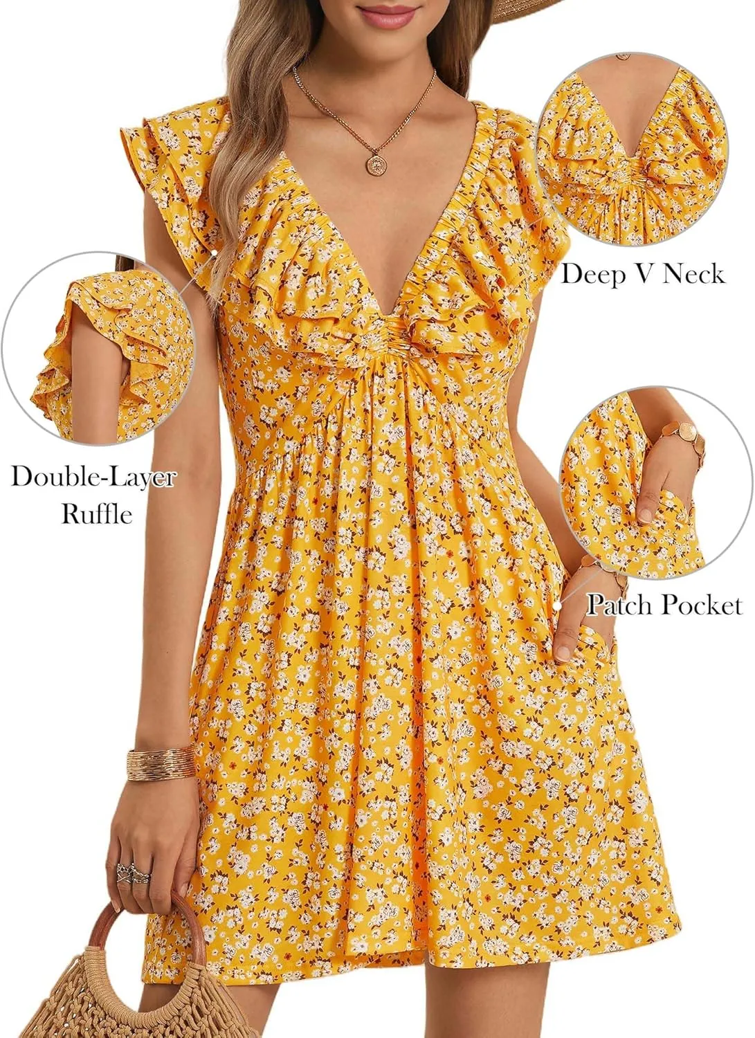 Loemes Women Summer Cute Floral Deep V Neck Mini Dress Casual Ruffle Sleeveless High Waist Swing Beach Sundress with Pockets