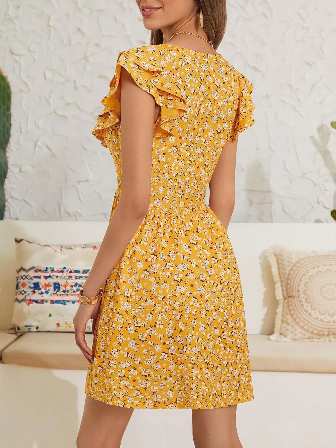 Loemes Women Summer Cute Floral Deep V Neck Mini Dress Casual Ruffle Sleeveless High Waist Swing Beach Sundress with Pockets