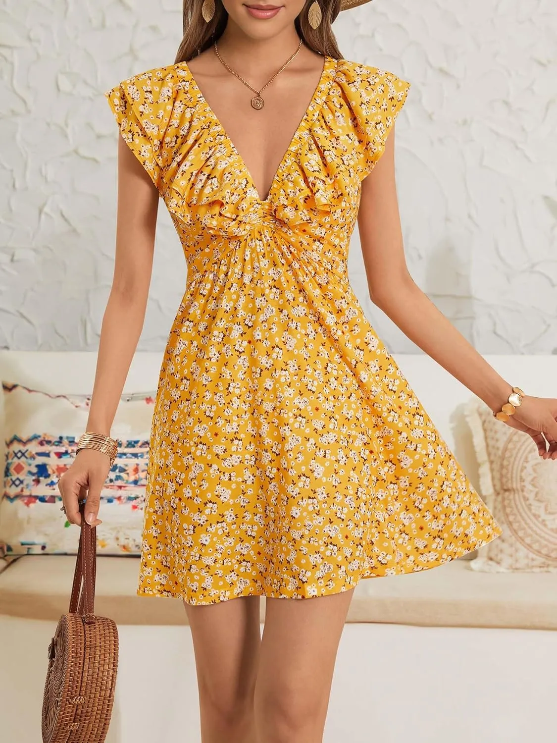 Loemes Women Summer Cute Floral Deep V Neck Mini Dress Casual Ruffle Sleeveless High Waist Swing Beach Sundress with Pockets