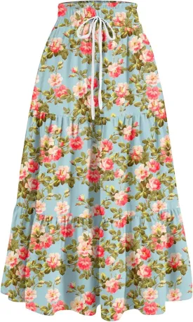 Long Skirts for Women Maxi Boho Summer Floral Print A Line Skirts Drawstring Elastic High Waist Pleated Tiered Skirt