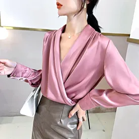 Luexco Elegant Satin Blouse Wrap V Neck Long Sleeve Top
