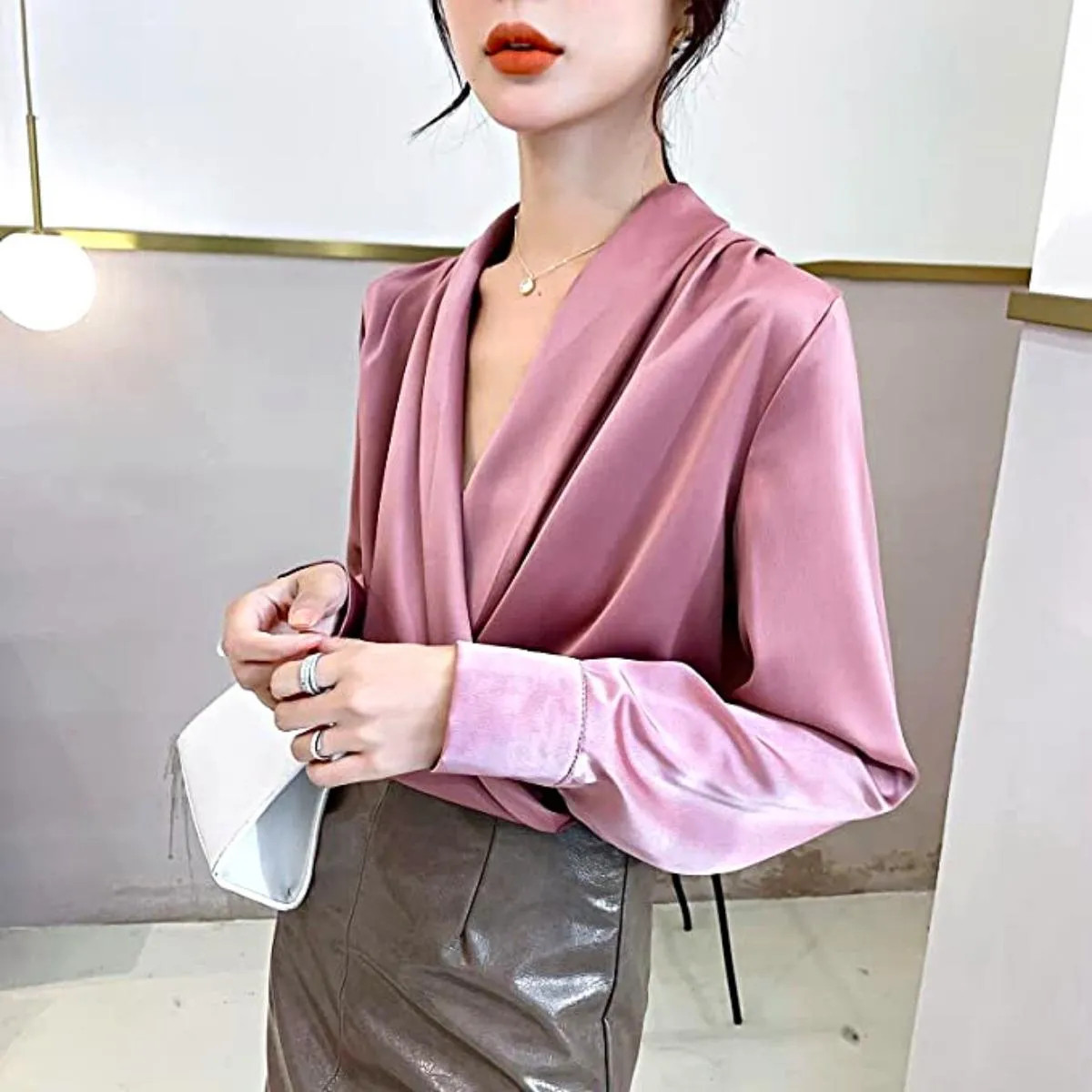 Luexco Elegant Satin Blouse Wrap V Neck Long Sleeve Top