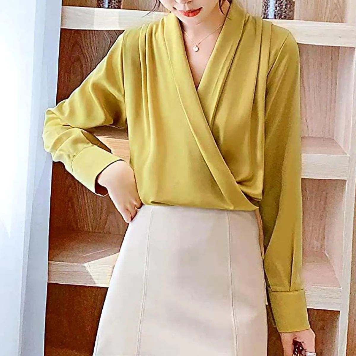 Luexco Elegant Satin Blouse Wrap V Neck Long Sleeve Top
