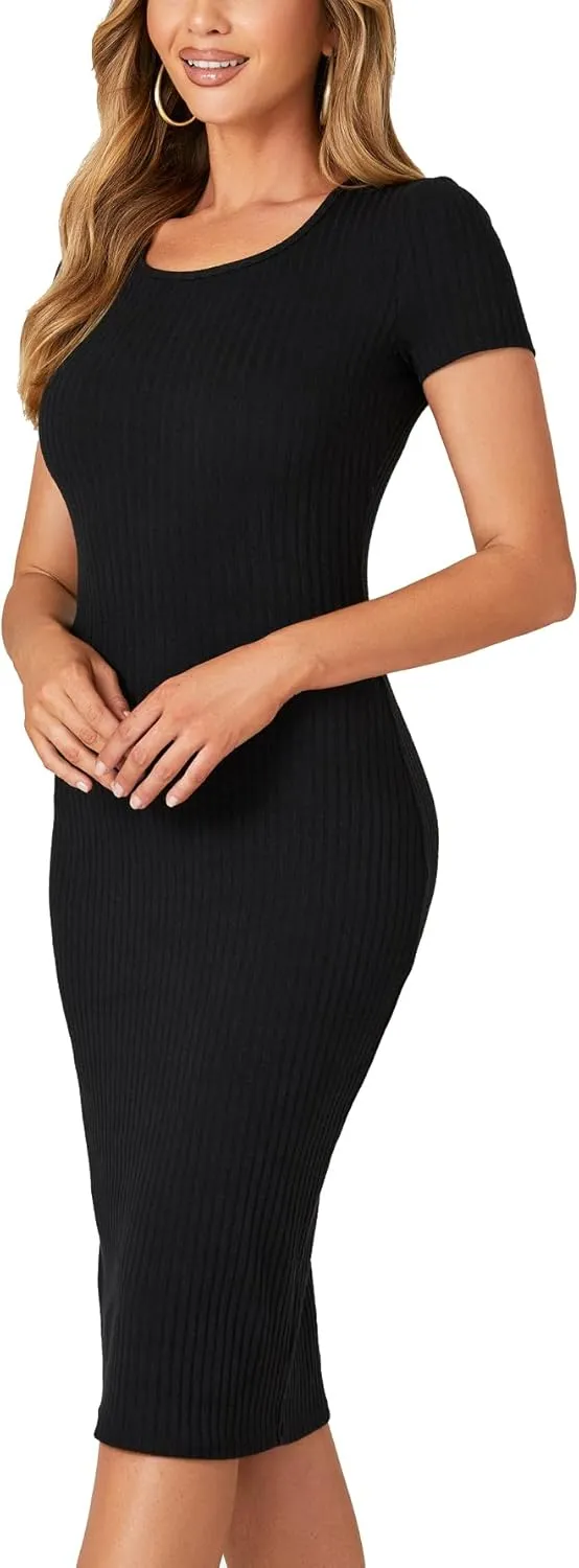 LYANER Women's Summer Round Neck Short Sleeve Ribbed Knit Bodycon Pencil Midi Dress