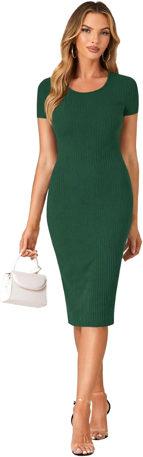 LYANER Women's Summer Round Neck Short Sleeve Ribbed Knit Bodycon Pencil Midi Dress