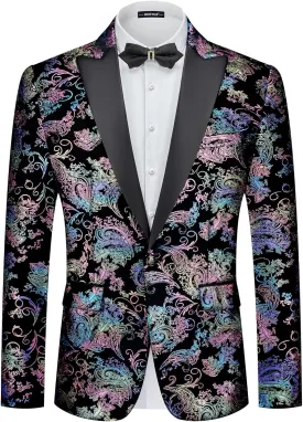 MAGE MALE Men's Velvet Floral Tuxedo Peak Lapel One Button Dinner Party Prom Wedding Suit Jacket