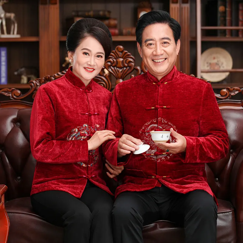 Mandarin Collar Dragon Embroidery Velvet Traditional Chinese Jacket Mother Coat