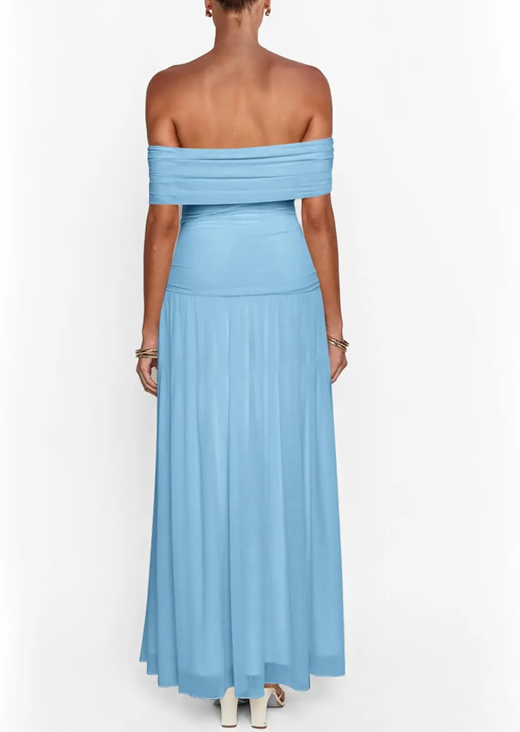 MASCOMODA Women Off The Shoulder Mesh Maxi Dress Bodycon Ruched Formal Sleeveless Pleated Cocktail Wedding Guest Long Dresses