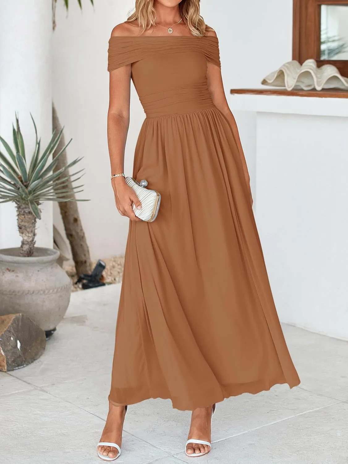 MASCOMODA Women Off The Shoulder Mesh Maxi Dress Bodycon Ruched Formal Sleeveless Pleated Cocktail Wedding Guest Long Dresses