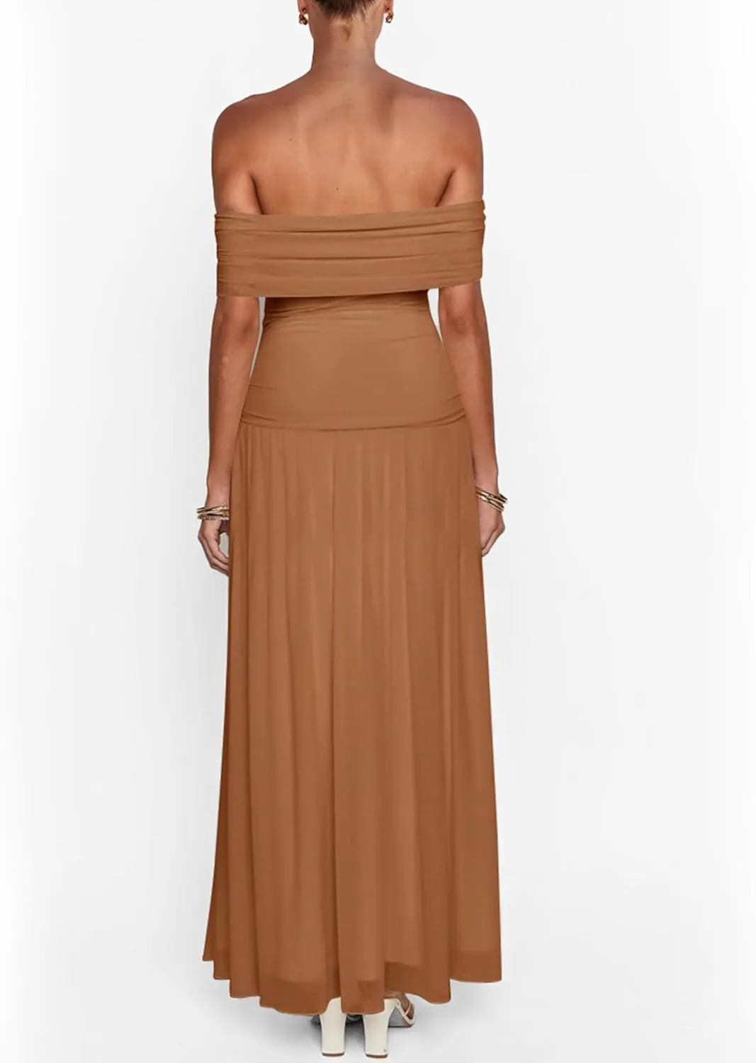 MASCOMODA Women Off The Shoulder Mesh Maxi Dress Bodycon Ruched Formal Sleeveless Pleated Cocktail Wedding Guest Long Dresses