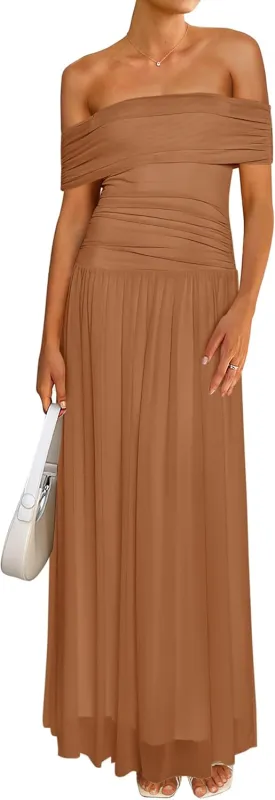 MASCOMODA Women Off The Shoulder Mesh Maxi Dress Bodycon Ruched Formal Sleeveless Pleated Cocktail Wedding Guest Long Dresses
