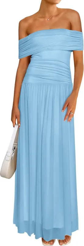 MASCOMODA Women Off The Shoulder Mesh Maxi Dress Bodycon Ruched Formal Sleeveless Pleated Cocktail Wedding Guest Long Dresses