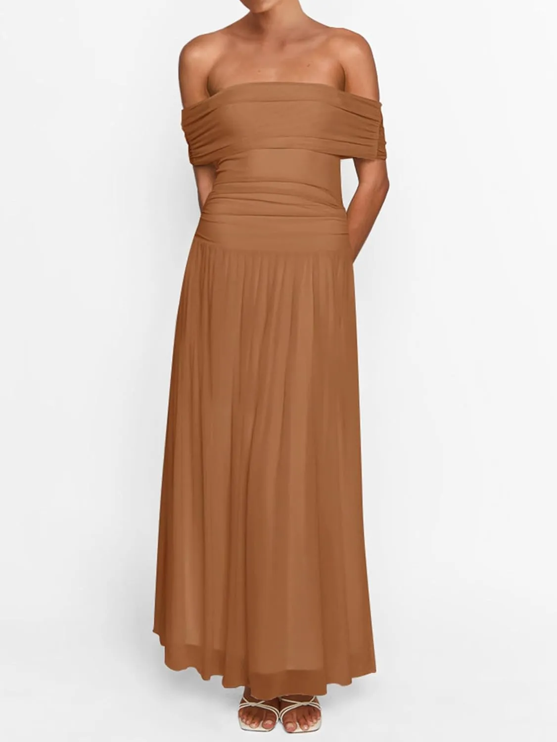 MASCOMODA Women Off The Shoulder Mesh Maxi Dress Bodycon Ruched Formal Sleeveless Pleated Cocktail Wedding Guest Long Dresses