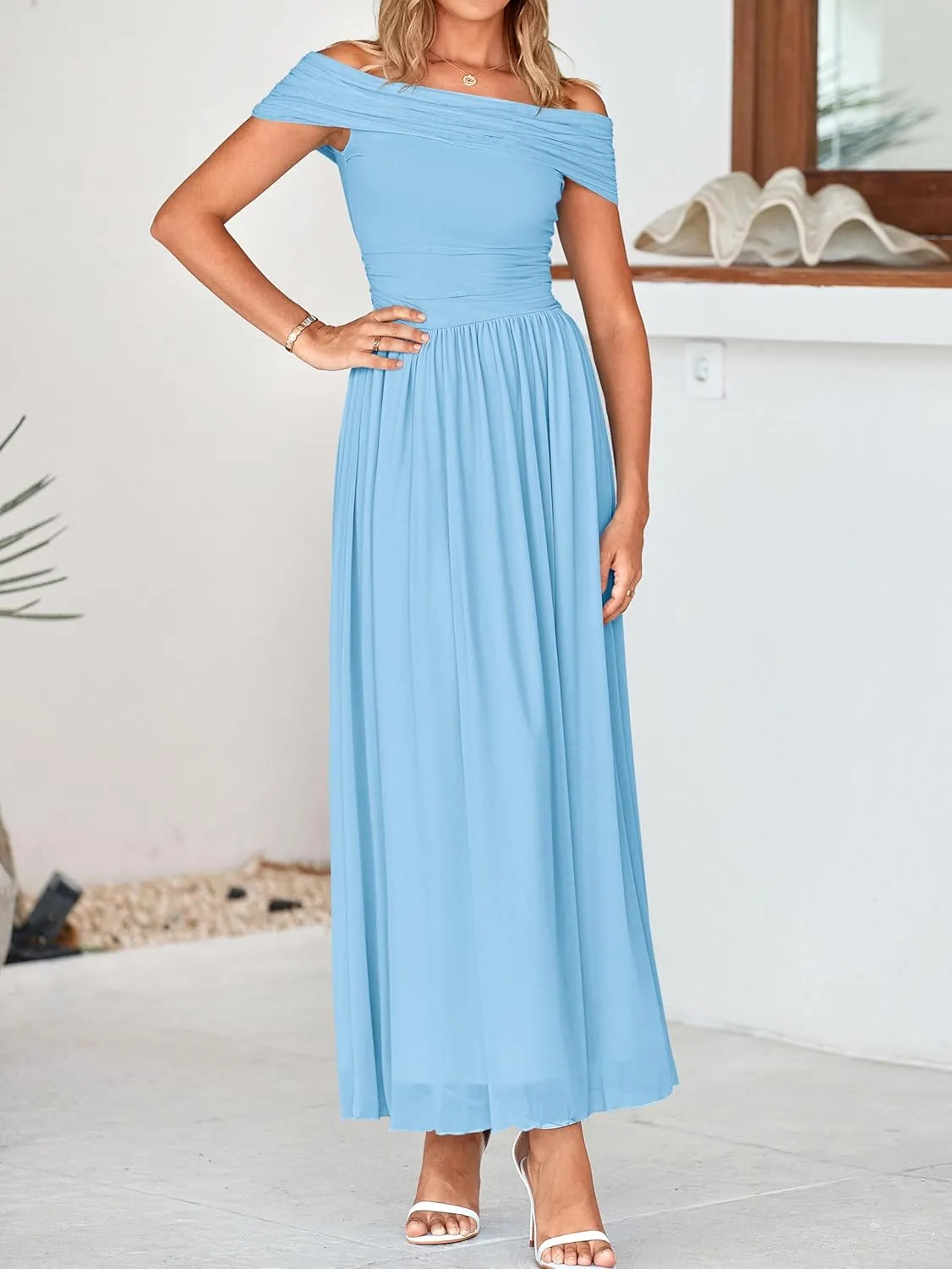 MASCOMODA Women Off The Shoulder Mesh Maxi Dress Bodycon Ruched Formal Sleeveless Pleated Cocktail Wedding Guest Long Dresses