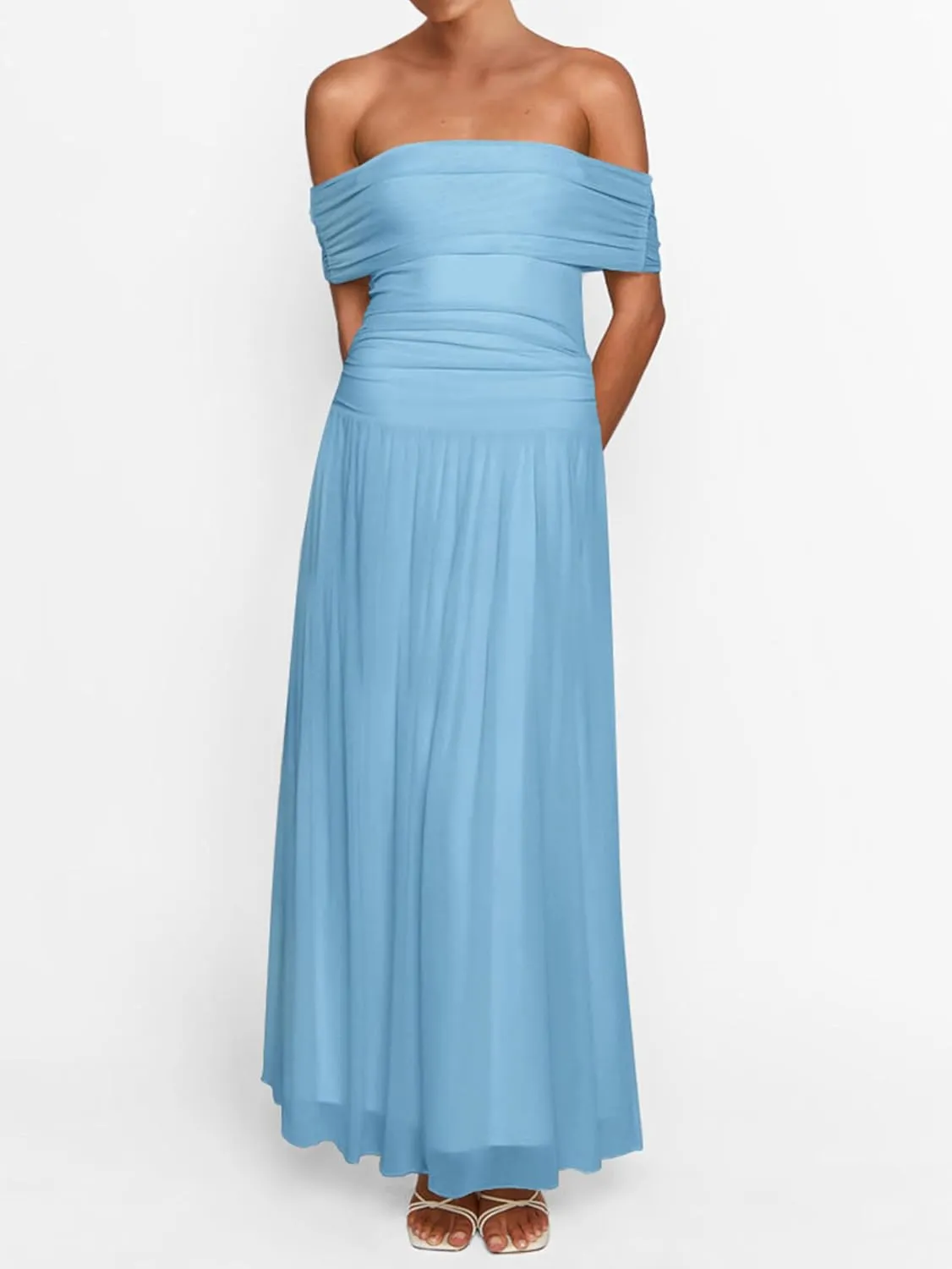 MASCOMODA Women Off The Shoulder Mesh Maxi Dress Bodycon Ruched Formal Sleeveless Pleated Cocktail Wedding Guest Long Dresses